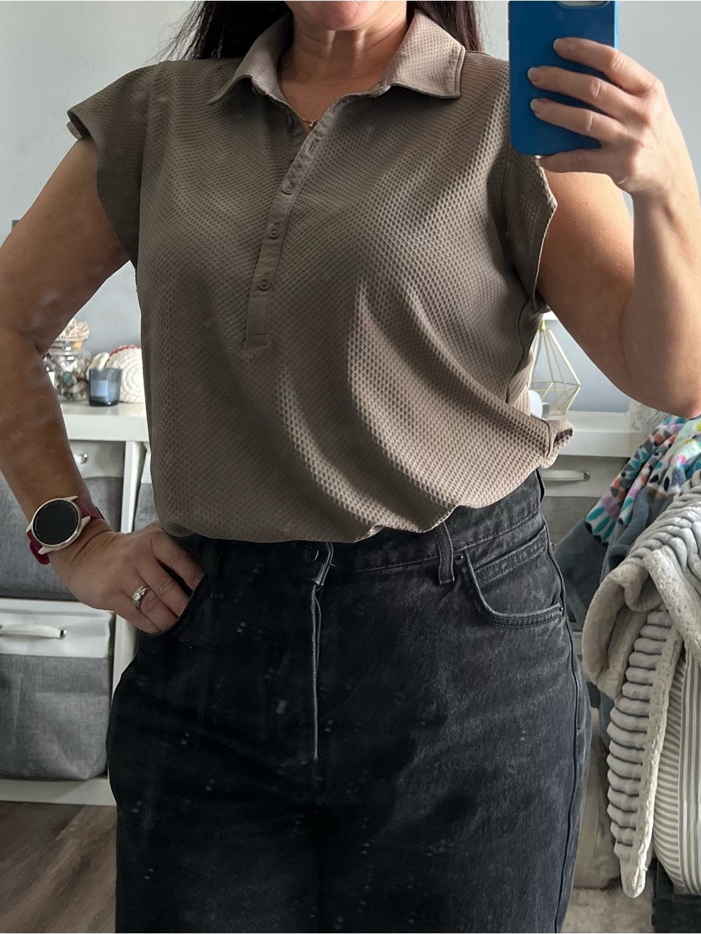 CALIA by Carrie Underwood Taupe Textured Polo Shirt
